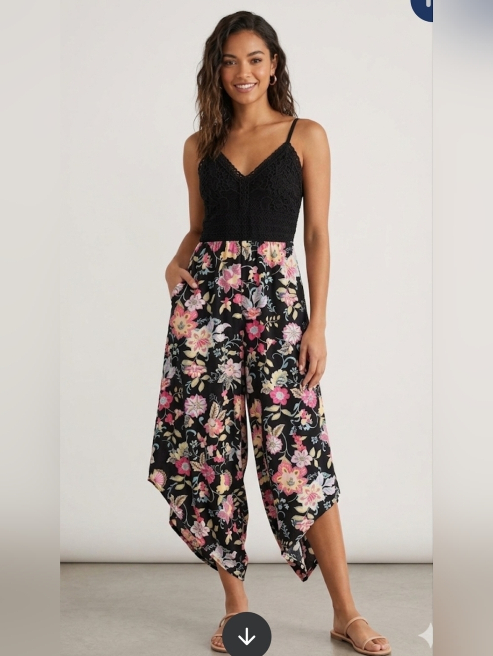 Derek Heart Black Crochet Bodice Floral Handkerchief-Leg Jumpsuit